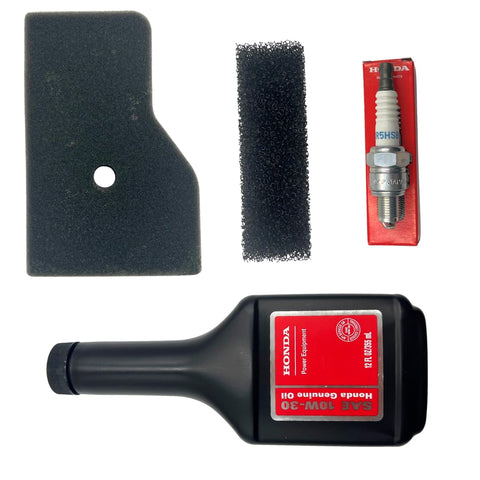 Honda Generator Maintenance Tune Up Kit With Genuine Air Filter 17211Z07000 And 17218Z07000 Spark Plug 98056 55777 And 10W30 Motor Oil For EU2000i EB2000i EU2200i EB2200i Generators displayed with filter, spark plug, and oil bottle.