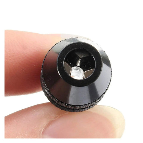 Close-up of Quick Change Keyless Chuck for Rotary Tools in hand, showing M7 075 thread and rugged black alloy design.