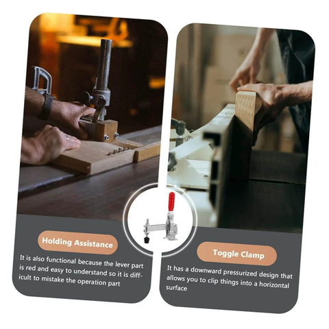 2 Pack Welding Toggle Clamps With Rubber Tips in use on wood, showcasing adjustable pressure and quick release for fixtures.