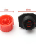 Two parts of 100Pcs 360 Degree Adjustable Irrigation Drippers Sprinklers showing 15mm and 19mm dimensions