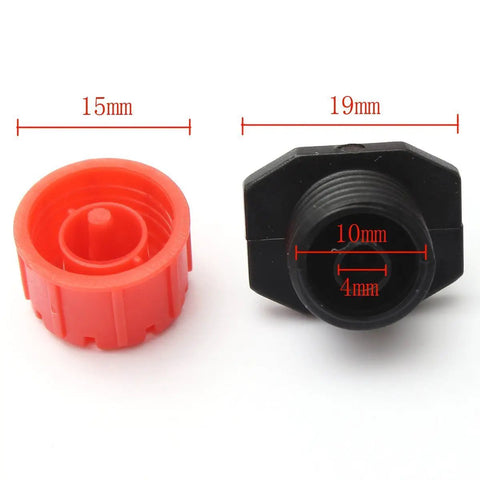 Two parts of 100Pcs 360 Degree Adjustable Irrigation Drippers Sprinklers showing 15mm and 19mm dimensions