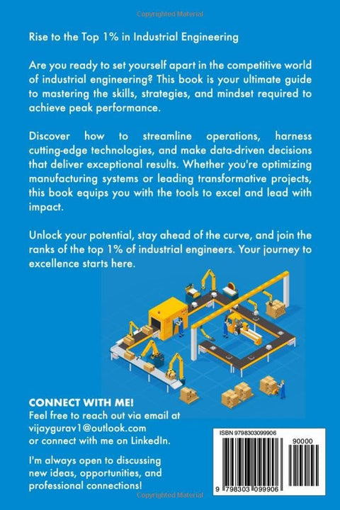 Book back cover: Modern Industrial Engineering and Factory Assembly Line Systems; blue background and isometric factory art.