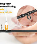 Ultimate Fishing Rod Repair Kit With All In One Supplies For Eyelet Replacement shown being applied to a rod.