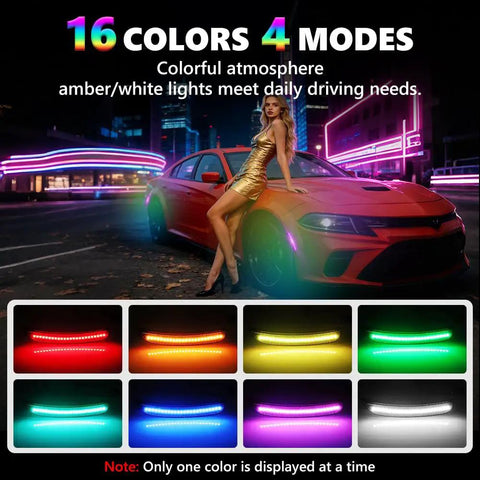 Dodge Charger Dope RGB Full LED Side Marker Lights Kit For 2015-2023 with 16 colors and 4 modes, displayed with a car at night.