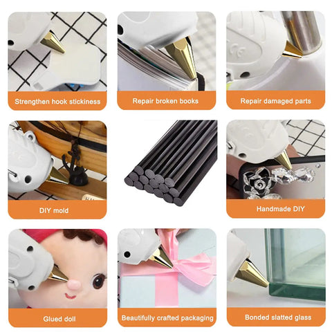 Black Hot Glue Sticks 12 Pack For Hot Glue Gun, 8 Inch Long 0.43 Inch Diameter in use for crafting, repairing, and DIY projects.