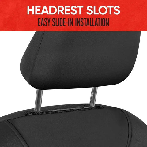 Waterproof Neoprene Front Seat Covers For Cars, Trucks, And SUVs With AquaShield Tech showing headrest slots for easy installation