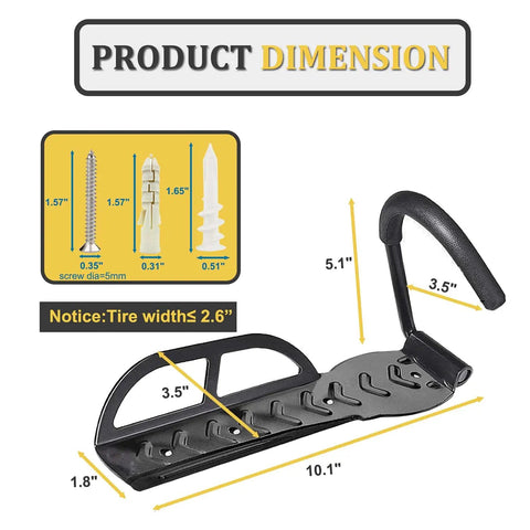 Dimensions of 4 Pack Wall Mounted Bike Hooks Heavy Duty Vertical Hangers for Indoor Garage Storage with screws included