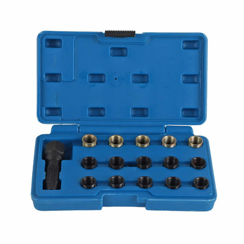 Premium Heavy Duty Thread Repair Tool Kit Built From Tough Carbon Steel For Mechanics And DIY Experts To Fix Damaged Bolts Like A Boss With High Strength Insert Bits And Portable Case Included open blue case with carbon steel thread inserts and tap for bolt repair