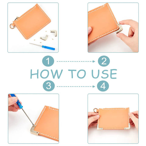 Step-by-step guide using 20 Pack Metal Corner Protectors For Purses And Bags, Scrapbooks, Albums And Folders on a wallet with screws.