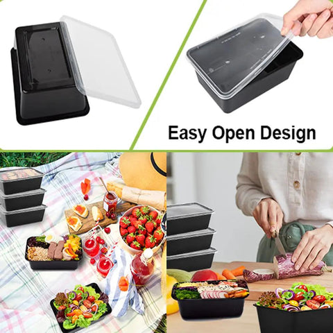 50 Pack Meal Prep Containers 26 Ounce Microwavable Reusable Food Storage With Lids, shown in various uses including picnics and kitchens.