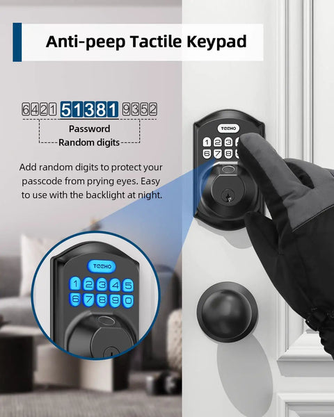 Fingerprint Door Lock Set With Keypad And Handle No Keys Needed Smart Auto Lock For Front Door Door Knob Deadbolt Easy Installation Matte Black Finish 3D Biometric Unlock In 0.3 Seconds And 1 Second Open showing anti-peep tactile keypad in use