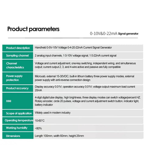 Product parameters of Top-Tier Signal Generator With 0-10V Output And 0-22mA Current Support For Precision Testing.