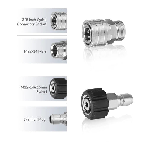 Heavy Duty Stainless Steel Pressure Washer Adapter Set With Swivel M22 14 And 15 Mm to 3/8 Inch Quick Connect parts display