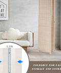 Bamboo Room Divider Folding Privacy Screen, 4 Panel, 72 Inches High, 17.7 Inches Wide, shown folded near a sofa in a living room.