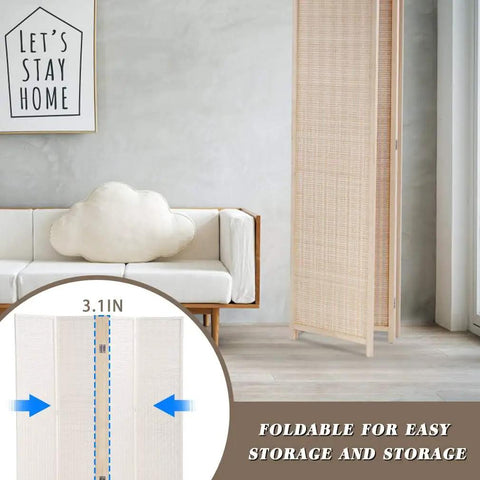 Bamboo Room Divider Folding Privacy Screen, 4 Panel, 72 Inches High, 17.7 Inches Wide, shown folded near a sofa in a living room.