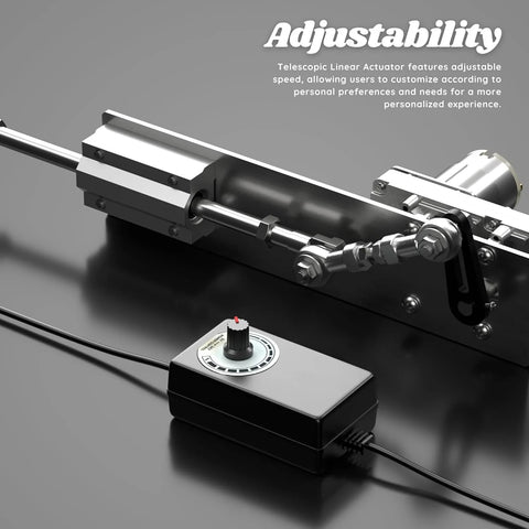 DIY Reciprocating Linear Actuator with speed controller; silver rod and black control box.