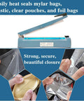 Super No Sweat Heavy Duty Heat Seal Machine For Mylar Cookie And Poly Bags 12 Inch Wide Manual Sealer showing sealing process and closure.