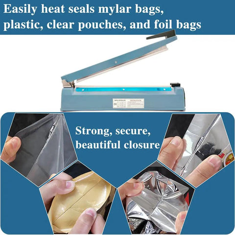 Super No Sweat Heavy Duty Heat Seal Machine For Mylar Cookie And Poly Bags 12 Inch Wide Manual Sealer showing sealing process and closure.