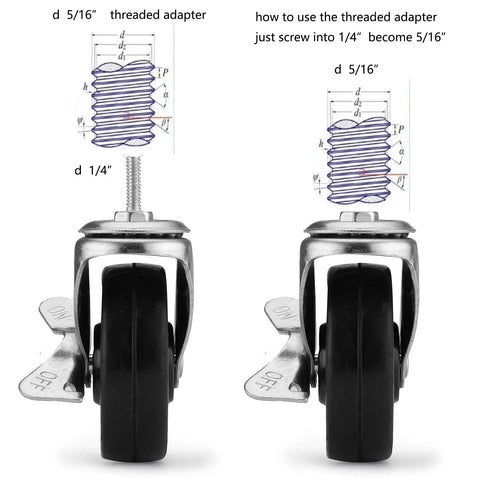 Diagram of 3 Inch Universal Threaded Casters Set Of 4 With Brake Locks For Metal Rack Shelving Units with multi-stem options