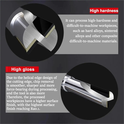 PCD Diamond Milling Cutter Set 4mm 6mm 8mm 10mm 12mm Straight Bit for Graphite Silicon Carbide and Aluminum showing cutting edges and high gloss finish