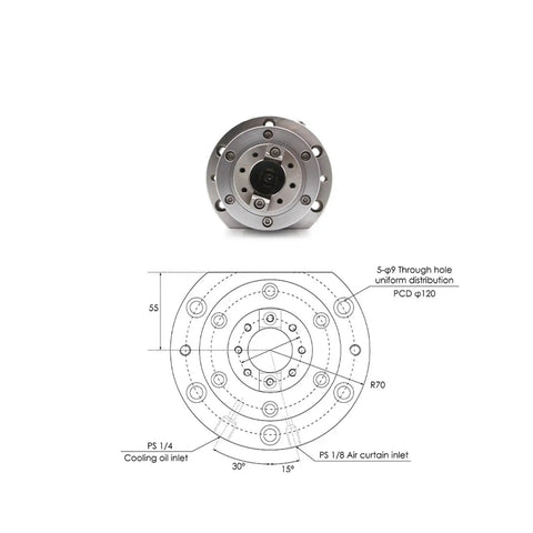 Hardworking Water Cooled CNC Router Spindle Motor 3KW To 5.5KW With BT30 Taper shows detailed front and schematic view.