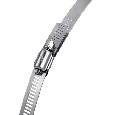 Close-up of 12 inch stainless steel hose clamp with worm gear design, showcasing corrosion-resistant 304 stainless steel construction for secure sealing.