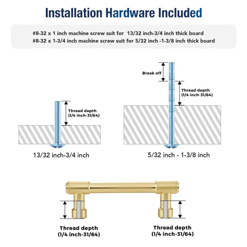 Installation guide for Pro Grade Brushed Gold Cabinet Handles and Sleek Modern Pulls with detailed screw dimensions.