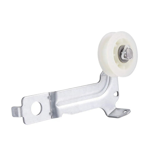 Dryer Idler Pulley Replacement Kit with Idler Arm for Compatible Dryers, showing metal arm and white pulley component.