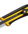 Extra Heavy-Duty 25mm Utility Knife With Ratchet Lock, Razor-Sharp Blade And Seven-Stage Snap-Off System, Fiberglass-Reinforced Handle, Built-To-Last Workhorse For Industrial Construction And Shop Projects. Yellow and black 25mm utility knife with extended blade.