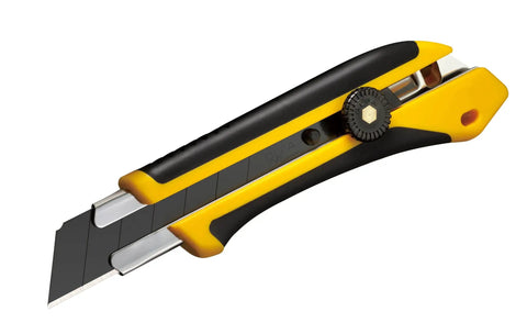 Extra Heavy-Duty 25mm Utility Knife With Ratchet Lock, Razor-Sharp Blade And Seven-Stage Snap-Off System, Fiberglass-Reinforced Handle, Built-To-Last Workhorse For Industrial Construction And Shop Projects. Yellow and black 25mm utility knife with extended blade.