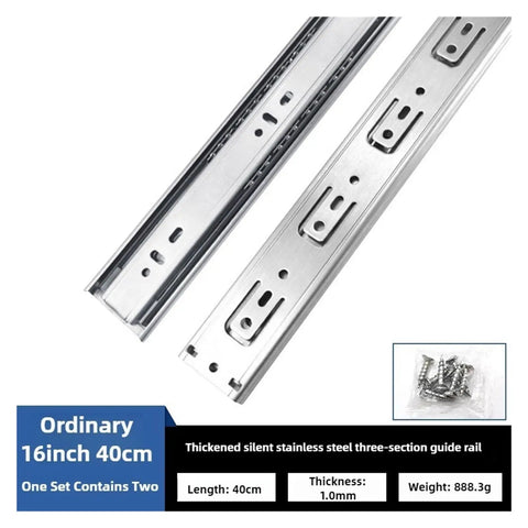 Close-up of Three Section Drawer Slides Track Rail For Cabinets Full Extension Sliding Drawer Guides 40cm with screws