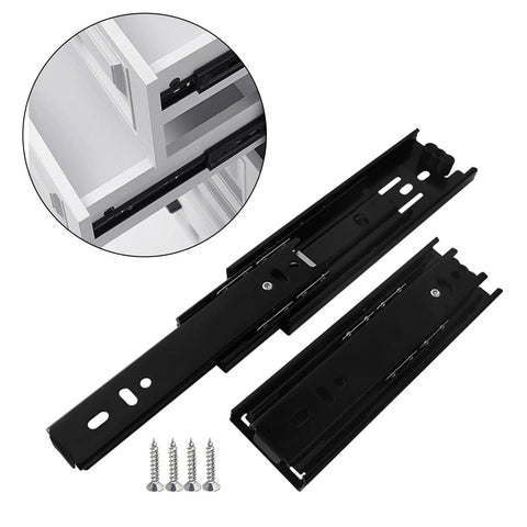 Black 6 Inch Cabinet Drawer Slides Kit with easy installation drawer rails, screws, and triple track design for smooth quiet sliding.