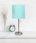 Aqua Desk Lamp In Brushed Steel With Built In Charging Outlet And Drum Fabric Shade Slick Slim Stick Design