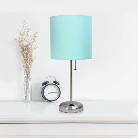 Aqua Desk Lamp In Brushed Steel With Built In Charging Outlet And Drum Fabric Shade Slick Slim Stick Design