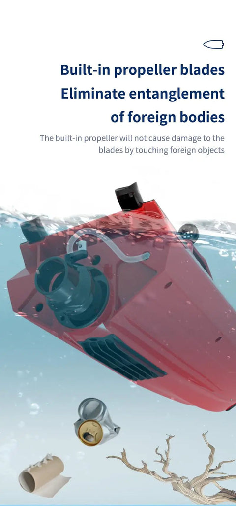Underwater view of Jet Powered RC Boat With LED Lights 30 KMH Speed Remote Control Turbojet Boat showcasing debris-free intake.