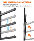 Heavy Duty Wall Mounted Lumber Storage Rack, 3 tier garage and indoor wall shelving, adjustable stud spacing, black