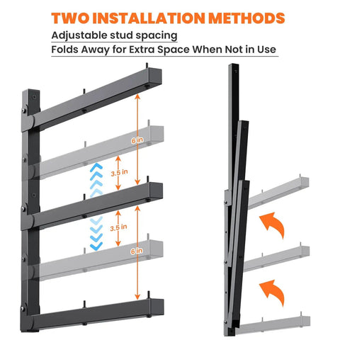 Heavy Duty Wall Mounted Lumber Storage Rack, 3 tier garage and indoor wall shelving, adjustable stud spacing, black