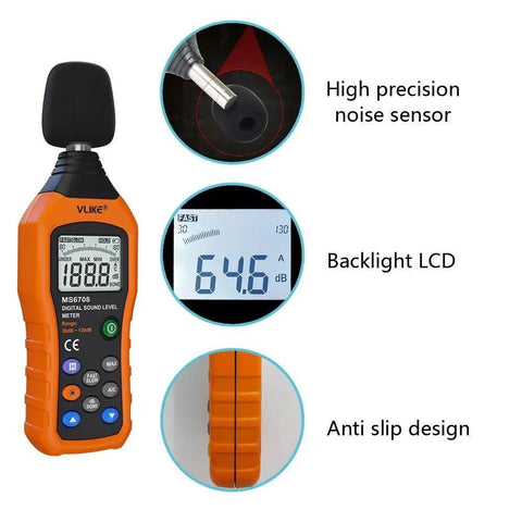 LCD Digital Decibel Meter For Real Time Sound Level Readings From 30 dB To 130 dB with AC mode, features highlighted in image
