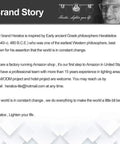 Brand story of Heratos, inspired by Greek philosophers, introducing their lighting business and contact details.
