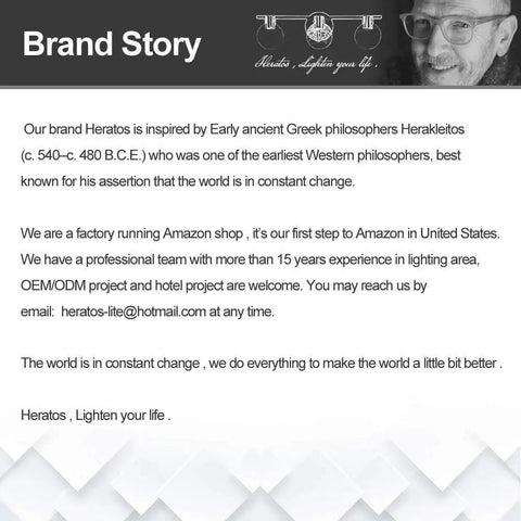 Brand story of Heratos, inspired by Greek philosophers, introducing their lighting business and contact details.