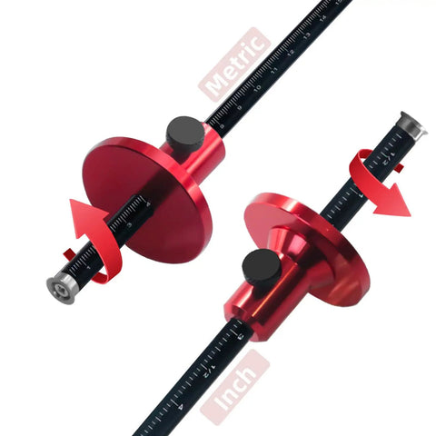 Hella Precise Wheel Marking Gauge With Easy Adjustment Knob crafted from aluminum, showcasing metrics and inches for woodworking layout.