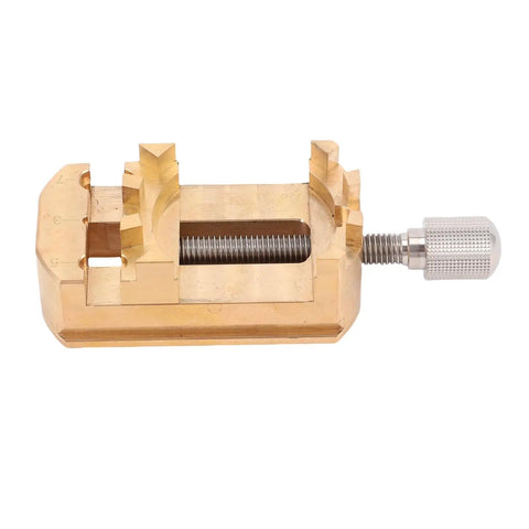 Solid Mini Vise Clamp With Soft Copper Jaws For Watch Repair Jewelry Making Electronics And Woodworking Projects, close-up view of brass jaws.