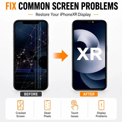 IPhone XR Screen Replacement 6.1 Inch With 3D Touch LCD Display Digitizer Assembly And Tempered Glass Repair Tools Included Compatible With A1984 A2105 A2106 A2108 before and after comparison showing cracked and fixed screens.