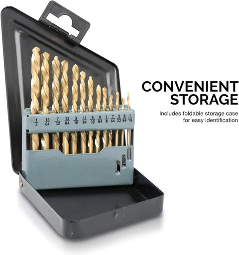 Left-Hand Drill Bit Set, Go-To Titanium Nitride Coated High-Speed Steel Bits, Reverse-Twist Design, SAE Inch Sizes, 13-Piece Kit For Quick Self-Centering Drilling And Fast Chip Clearing