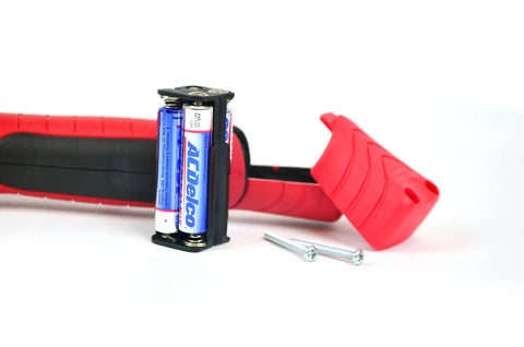 Heavy Duty Digital Torque Wrench With Buzzer And LED Alerts For Real Time Torque Readouts In Foot Pounds And Newton Meters ISO 6789 Certified With Calibration Certificate Half Inch Drive 14.8 To 147.5 Foot Pounds For Pros And DIYers showing battery compartment and batteries