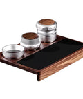 Top Shelf 4 Piece Espresso Kit Featuring Adjustable Height Spring Coffee Tamper For 58mm Portafilter With WDT Distribution Tool measuring funnel and walnut drip tray.