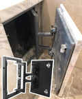 Slick Magnetic Inspection Hatch With Seamless Steel Frame For Drywall Shower Access showing open 14x14 inch hatch installed.