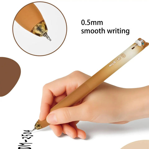 Close-up of a hand using a 0.5mm brown cat-design pen with "Milo Cat" writing, part of 4 Pack Cute Cat Gel Pens Retractable 0.5mm Black Ink Writing Pens For Kids Teens Students And Grownups, Kawaii Kitten Cartoon Pen Set, Super Smooth Flow, Easy Grip, Smudge Free, Perfect For Journaling, Doodles, Notes, And School Office. Showing smooth ink flow for writing.