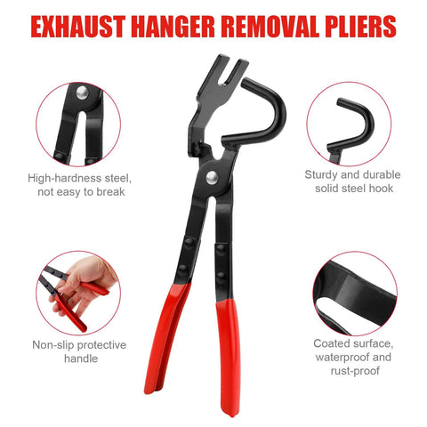 Exhaust Hanger Removal Tool And 4 Hole Rubber Hangers Kit For Cars Trucks with red-handled carbon steel pliers displayed