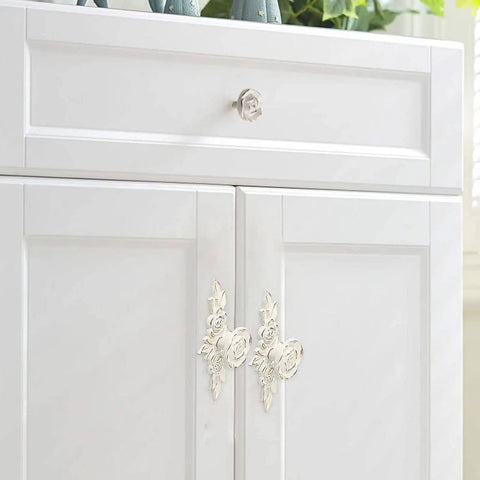 Euro Rose Cabinet Knobs With Backplates 2 Pack Vintage Zinc Alloy Handles on white dresser with gold edges installed